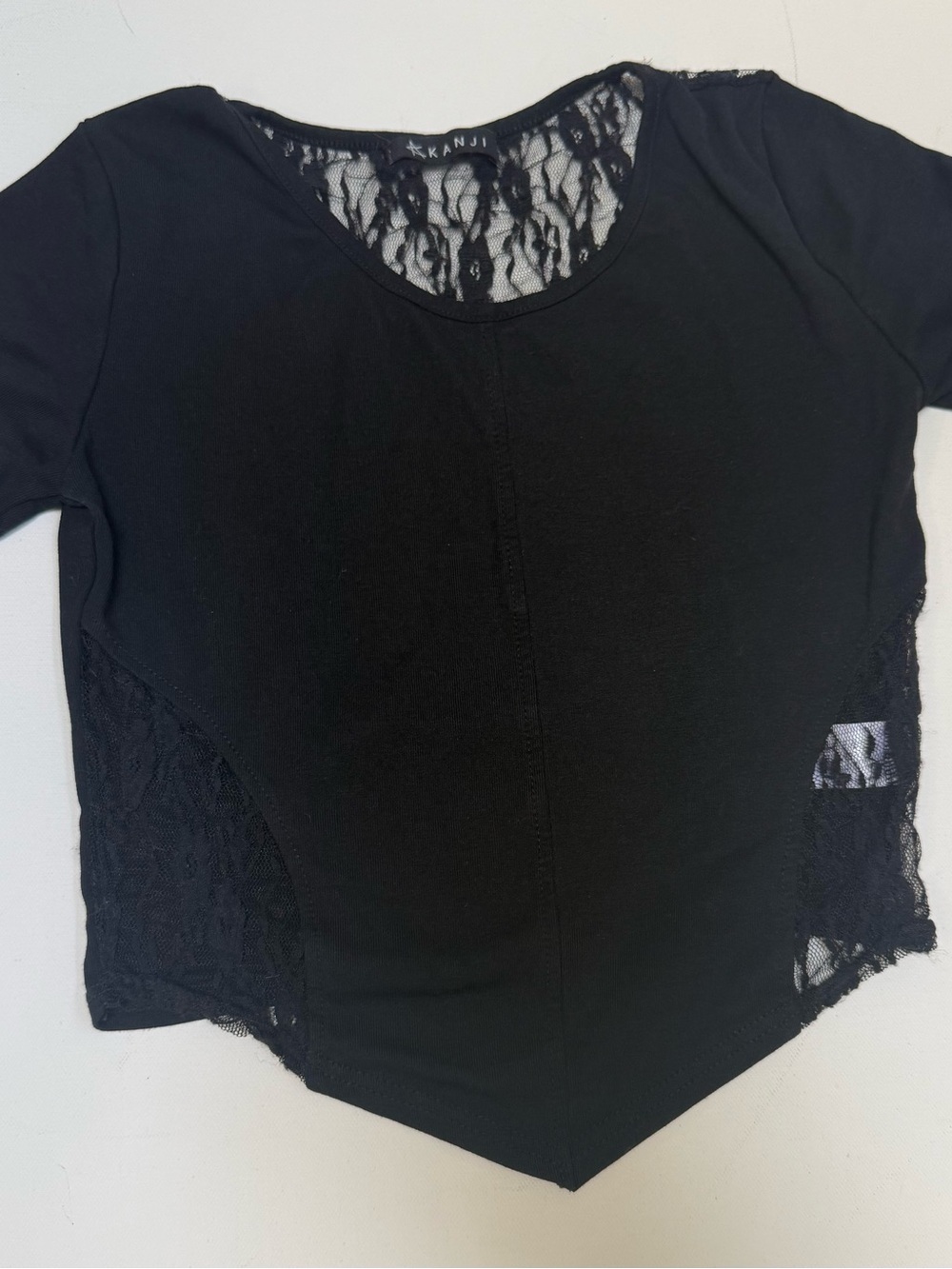 Kanji Black Lace Panel Crop Top Women’s S Short Sleeve Handkerchief Hem Goth